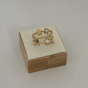 Bague Triple Fleurs et Cercles en Acier Inoxydable Doré