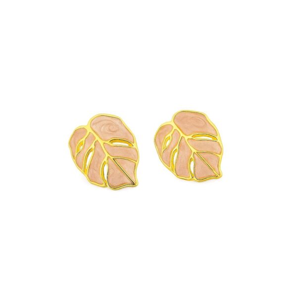 Boucles d’oreilles Feuille Dorée & Émail Rose